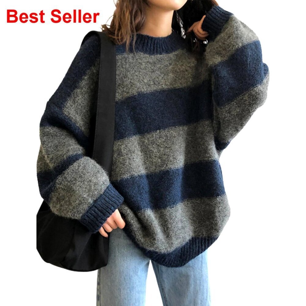 Oversized Striped Pullover Sweater, Crewneck Knit Top, Long Sleeve